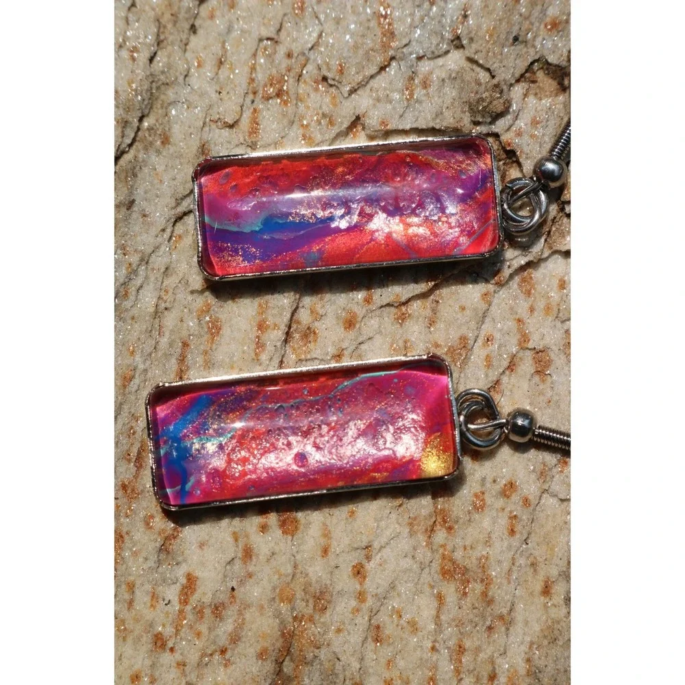 Handmade Earrings-Stainless Steel-Glass-Paint Drip-Paint Pour-Fluid Art